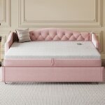 Canap� lit gigogne capitonn� 90x200 cm lin rose avec ports usb et sommier � lattes multifonction (sans ...