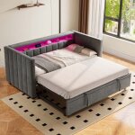 Canap� - lit gigogne - langtu - banquette extensible 90x190 - velours gris - led & usb - c - sommier ...