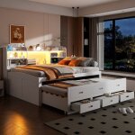 Canap� - lit m�ridienne 140 x 200 cm avec �clairage led 3 tiroirs tablette de chevet lit extensible multifonct ...