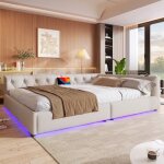 Canap� - lit m�ridienne 140x200 cm lin beige t�te capitonn�e �clairage led t�l�commande et ports usb ...