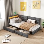 Canap� lit rembourr� 90x200 avec 2 tiroirs lit simple avec led et usb lit 1 places avec sommier lit adulte ...