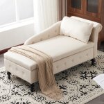 Canap� m�ridienne velours beige rangement capitonn� clous accoudoir droit salon chambre bureau 144x62x69cm ...