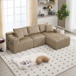 Canap� modulable 2 places avec m�ridienne en velours c�tel� kaki ? 257�90?160�62 cm livr� mont�