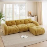 Canap� modulable 3 places en chenille jaune avec pouf - canap� dangle capitonn� compress� - mousse hr ...