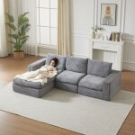 Canap� modulable 3 places en velours c�tel� gris avec coussins - structure stable capacit� 250kg design ...