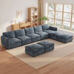 Canap� modulable 9 places en tissu grand canap� d?angle panoramique avec m�ridienne salon bleu gris moderne ...