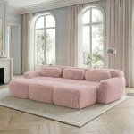 Canap� modulaire 3 places - langtu - nuage modulaire - tissu peluche rose - sans cadre boneless - 3 poufs ...