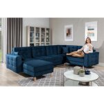 Canap panoramique convertible - asma velours - en tissu de qualit 5 places bleu fonc mridienne  ...