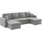Canap� panoramique convertible en tissu gris clair. 4 places. coffre rangement. lit modulable