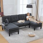Canap� panoramique u 4 places avec 2 m�ridiennes et usb - yeavio - dossier courb� lin gris fonc� 250 ...