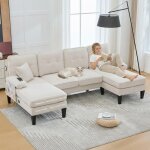 Canap� panoramique en u - langtu - canap� panoramique 4 places - lin beige - double m�ridienne - 250x130x88 ...
