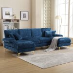 Canap� panoramique en u tissu chenille - double m�ridienne pieds dor�s & design moderne - grand sofa ...