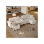 Canap� en u en velours c�tel� avec 2 poufs coffre table basse porte - gobelets usb prises et type - c ...