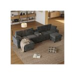 Canap� en u en velours c�tel� avec 2 poufs coffre table basse porte - gobelets usb prises et type - c ...