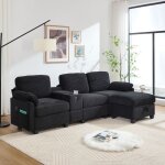 Canap� en velours c�tel� avec console centrale coulissante et rangement floragrace