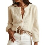 Cardigan femme boutonne maille ajourree manches longues col rond printemps automne - taille eu - beige ...
