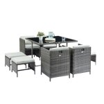 Carioca2 ensemble table en verre + 4 fauteuils et 4 poufs en r�sine tress�e - 110 x 110 x 74 cm - gris ...