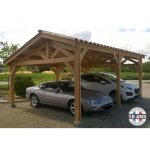 Carport bois douglas fran�ais 28 m� ? 2 pentes faitage d�cal� ? 6 poteaux ? abri voiture ext�rieur ? ...