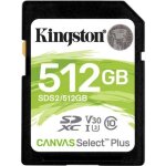 Carte mmoire flash kingston canvas select plus - 512 go - video class v30 / uhs - i u3 / class10 - sdxc ...
