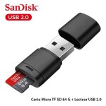 Carte micro tf sd - sandisk - 64 go - lecteur usb 2. 0 - classe 10 - compatible smartphone / tablette ...