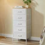 Casabel commode haute 5?tiroirs en tissu rigide m�tal blanc et bois 45x30x94?cm id�ale pour chambre salon ...