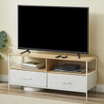 Casabel meuble tv 120?cm m�tal blanc et bois avec 2?tiroirs tissu rigide et �tag�res ouvertes design ...