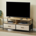 Casabel meuble tv 120?cm m�tal noir et bois mdf avec 2?tiroirs tissu rigide et �tag�res ouvertes design ...