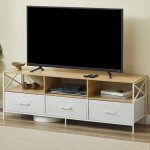 Casabel meuble tv 147?cm m�tal blanc et bois avec 3?tiroirs tissu rigide et �tag�res ouvertes meuble ...