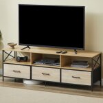 Casabel meuble tv 147?cm m�tal noir et bois avec 3?tiroirs tissu rigide et �tag�res ouvertes meuble t�l� ...