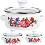 Casserole en �mail avec couvercle - estampille - ensemble de 3 - r�tro � fleurs - antiadh�sive - compatible ...