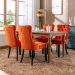 Chaise 2 pcs salle � manger velours capitonn�e pieds bois clous orange