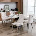 Chaise 2 pcs salle � manger velours capitonn�e pieds chrome acier inoxydable beige