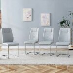 Chaise de salle � manger - lot de 4 - dossier haut ergonomique - cuir pu gris clair - pieds m�tal arqu�s ...