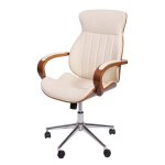 Chaise de bureau ergonomique pivotante avec accoudoirs similicuir aspect noyer courbe cr�me