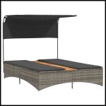 Chaise longue double avec auvent - cuque - cq1097 - gris - r�sine tress�e - dossier r�glable