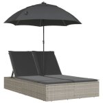 Chaise longue double avec coussins et parasol gris clair rotin - bk368086 (pla)