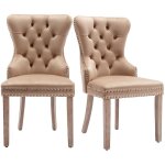 Lot de 2 chaises salle � manger velours marron style campagne ? pieds bois massif dossier clout� hauteur ...