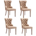 Lot de 4 chaises salle � manger velours brun - pieds bois massif clout�es style campagne