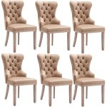 Lot de 6 chaises salle � manger velours marron - pieds en bois massif clout�es r�glables