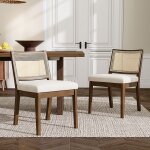 Chaises de salle � manger en bois massif - lot de 2 - chaise de cuisine - dossier en rotin - si�ge rembourr� ...