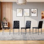 Chaises de salle � manger - ensemble de 4 - noir et argent - cuir pu - pieds en m�tal argent�s - capitonnage ...