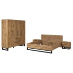Chambre compl�te industrielle milos : armoire 4 portes lit 160x200 commode chevets ch�ne brut / noir