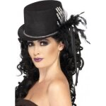 Chapeau haut de forme noir avec main squelette et plumes femme halloween