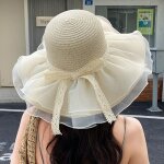 Chapeau de paille pour femmes funmoon - protection solaire - large bord - plage - beige 01
