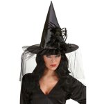 Chapeau sorcière adulte avec voile - noir et rouge - accessoire de déguisement pour halloween Chapeau sorcière adulte avec voile - noir et rouge - accessoire de déguisement pour halloween