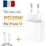 Adaptateur secteur - chargeur usb c - 20w - compatible iphone 12 / 11 / xs / xr - charge rapide pd - ...