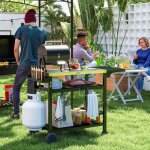 Chariot pour barbecue plancha avec plateau en inox multi - �quipements 6 crochets tablette rabattable ...