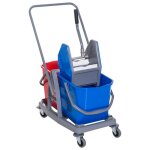 Chariot de nettoyage - 2 seaux - 4 roulettes - m�tal / pp - bleu / rouge - 73x45x92 cm - essoreuse int�gr�e ...