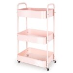Chariot de rangement  3 niveaux pour la cuisine ou la buanderie avec roulettes (rose)