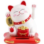 Chat porte bonheur maneki neko energie solaire blanc et rouge hb066